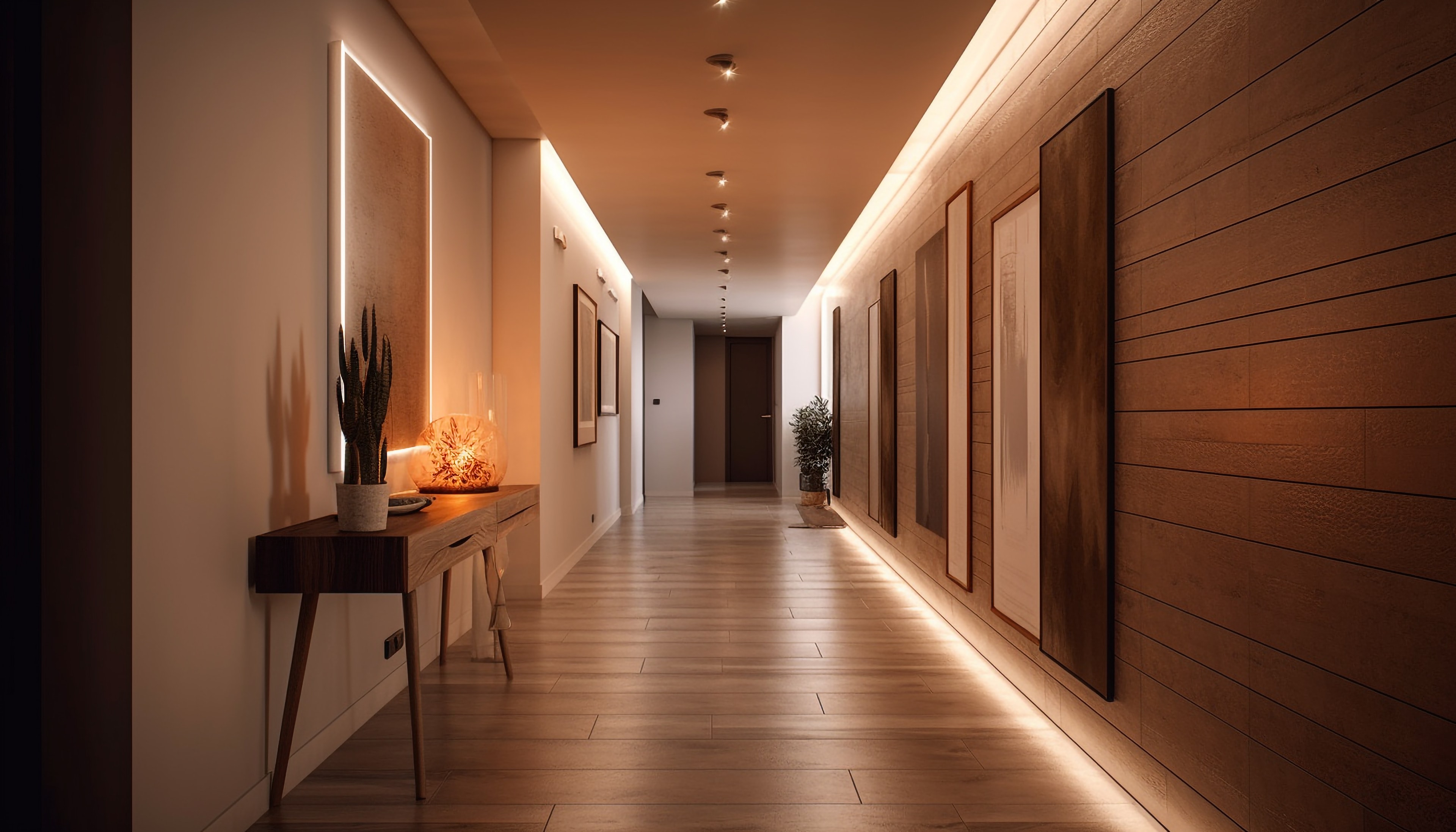 Corredor de alto padrão com iluminação embutida e fitas de LED