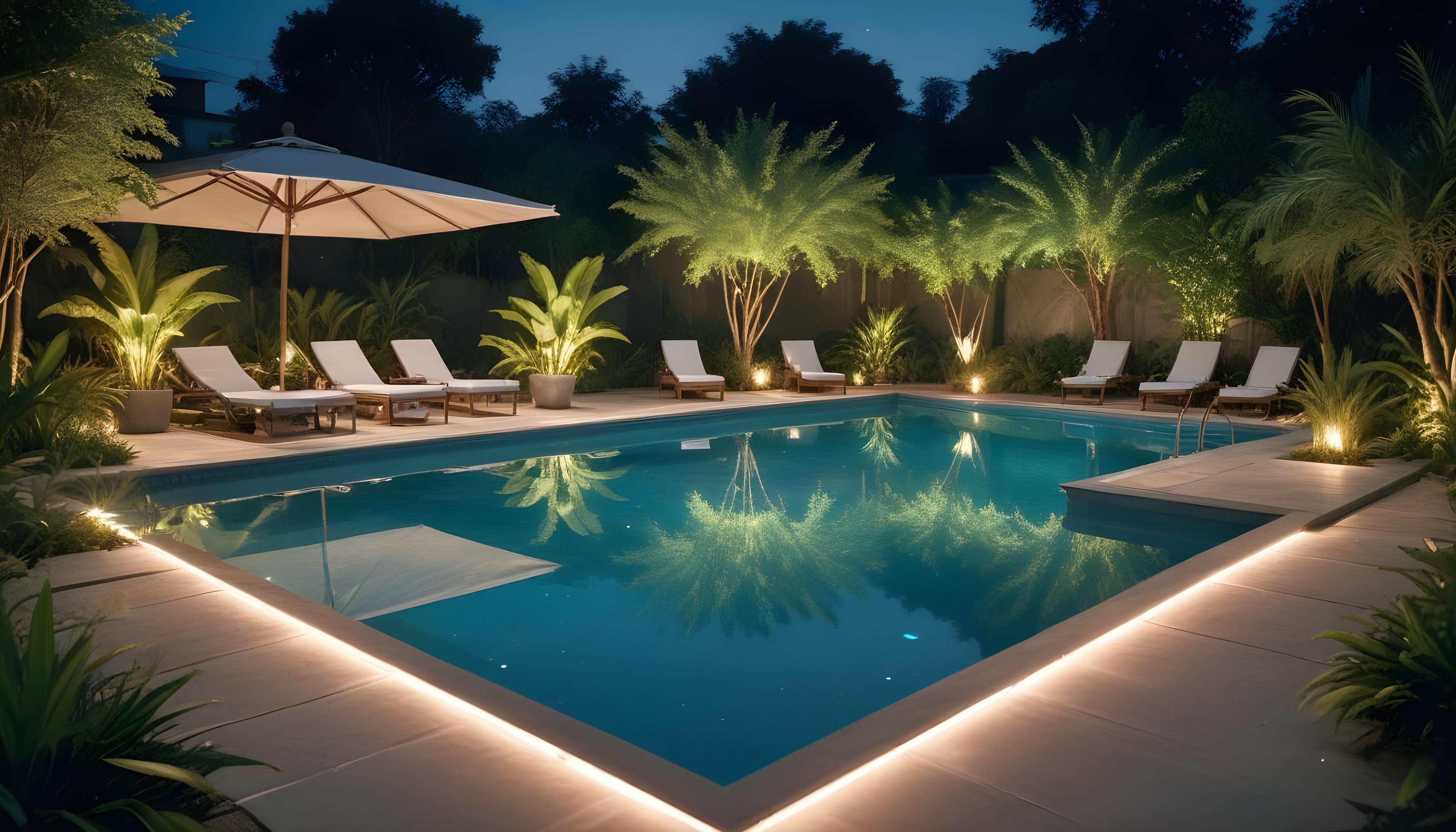 Área de piscina com iluminação perimetral e paisagismo noturno